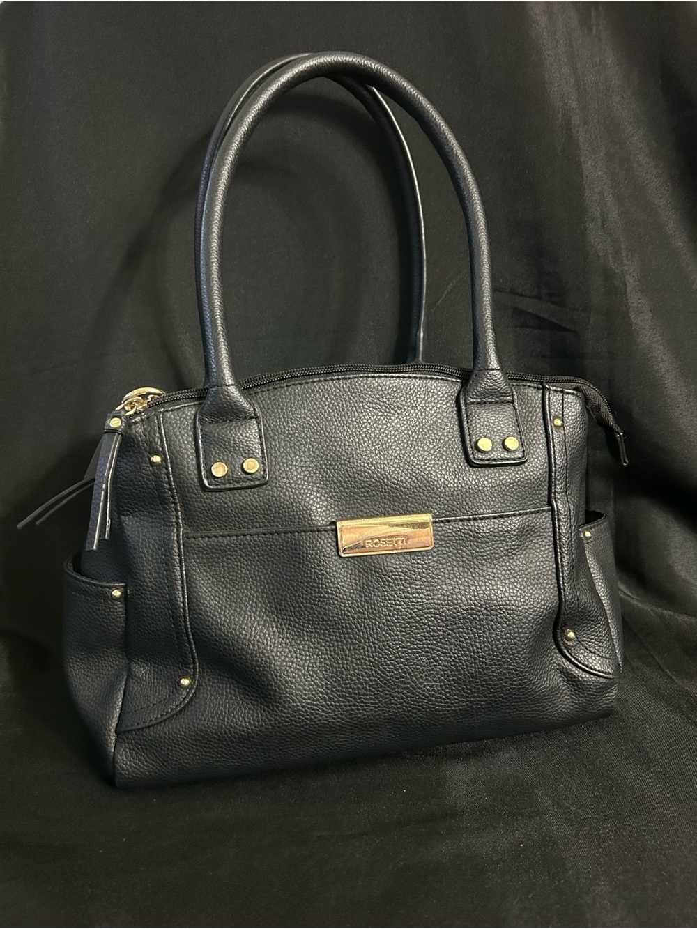 Rosetti Black & Gold Pebbled Faux Leather Satchel Handbag